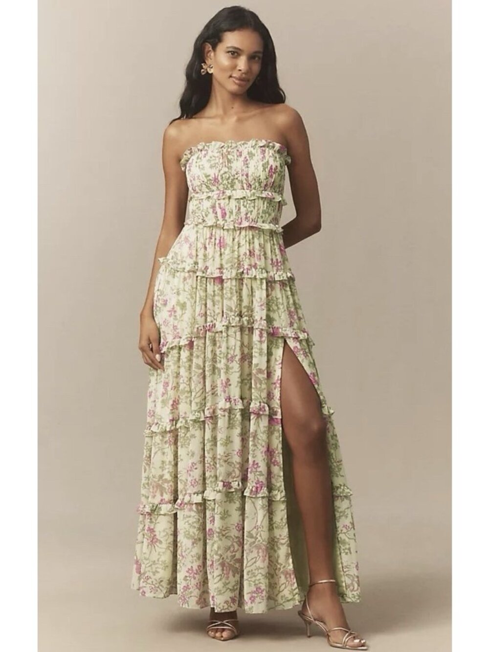 BHLDN Anthropologie Women’s M Strapless Floral Maxi Dress Ruffle Tiered Slit